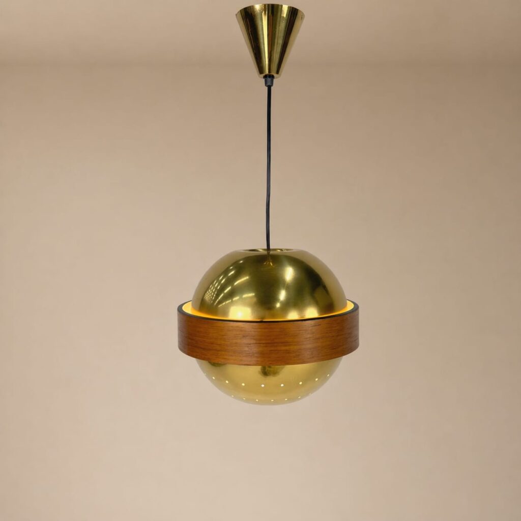 Mid Century Scandinavian Brass and Teak Pendant, 1960s