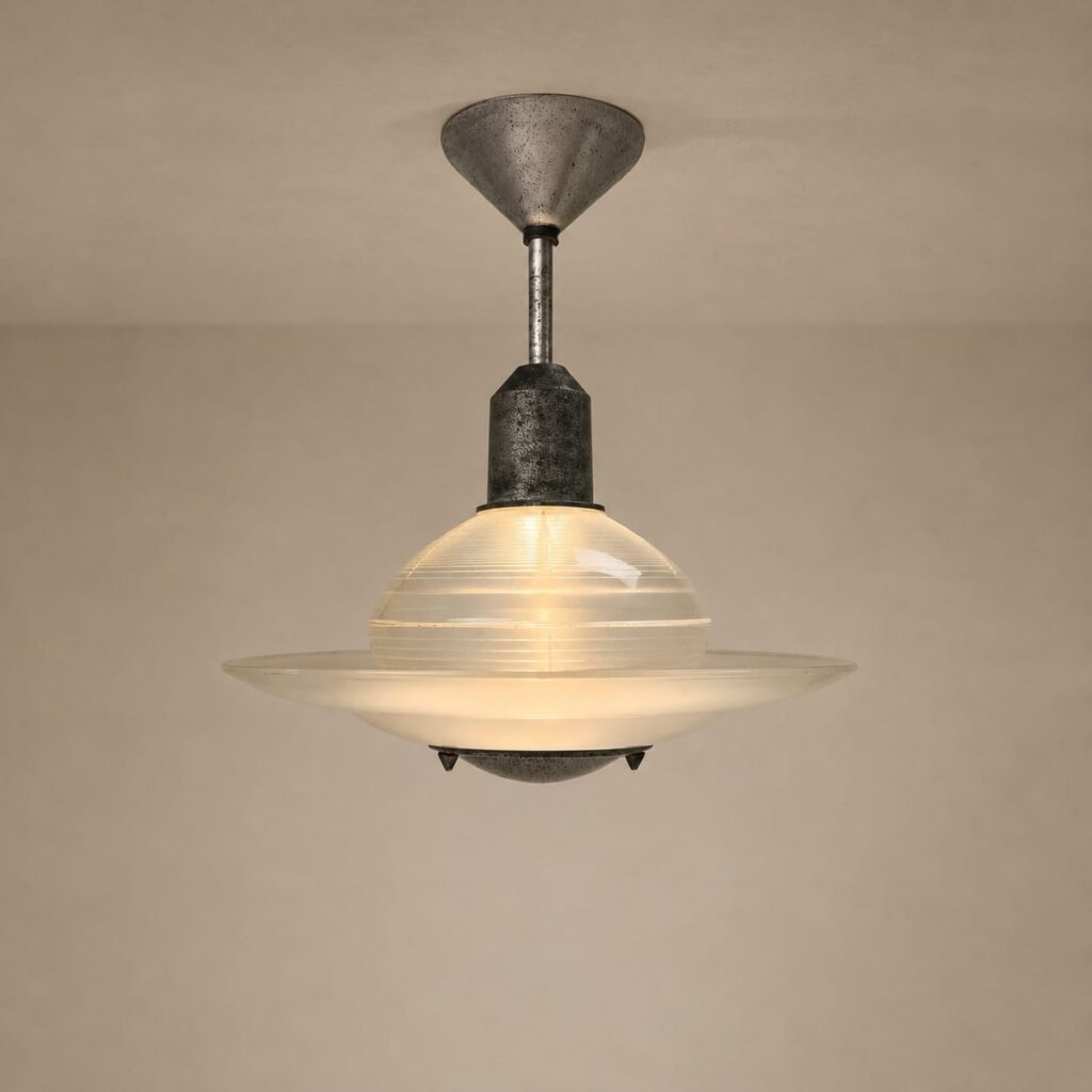 Art deco glass and steel ceiling lamp, 1920s