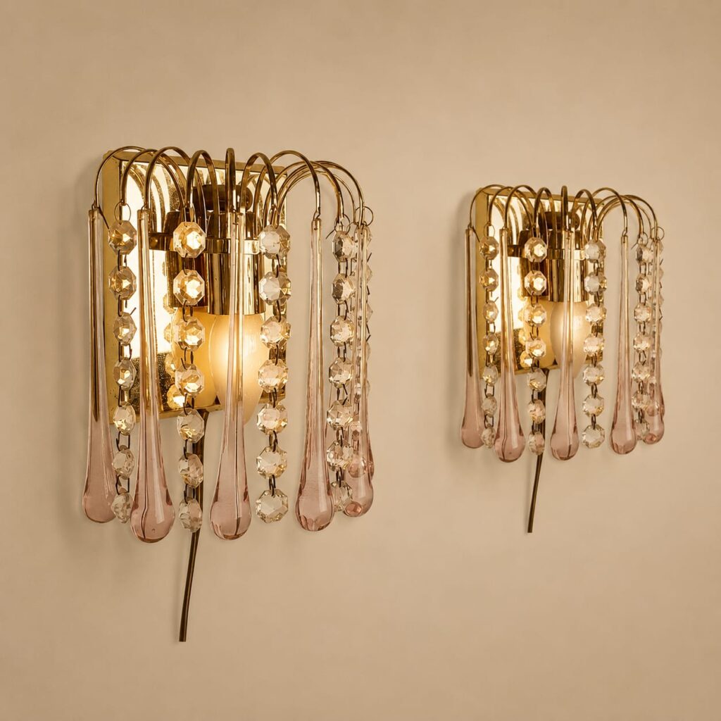 Set of 2 hollywood regency murano glass wall lamps, 1970s