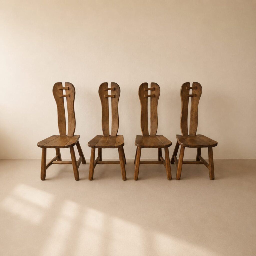 Beautiful set of oak chairs with the familiar organic design that de puydt is known for. These chairs with a brutalist look are in particularly good condition. These chairs fit perfectly in a wabi sabi interior but can also be used in other interiors because of their design. See photos for details. The dimensions are: 110 cm hight - 45 cm seating hight - 41 width - 60 cm depth.