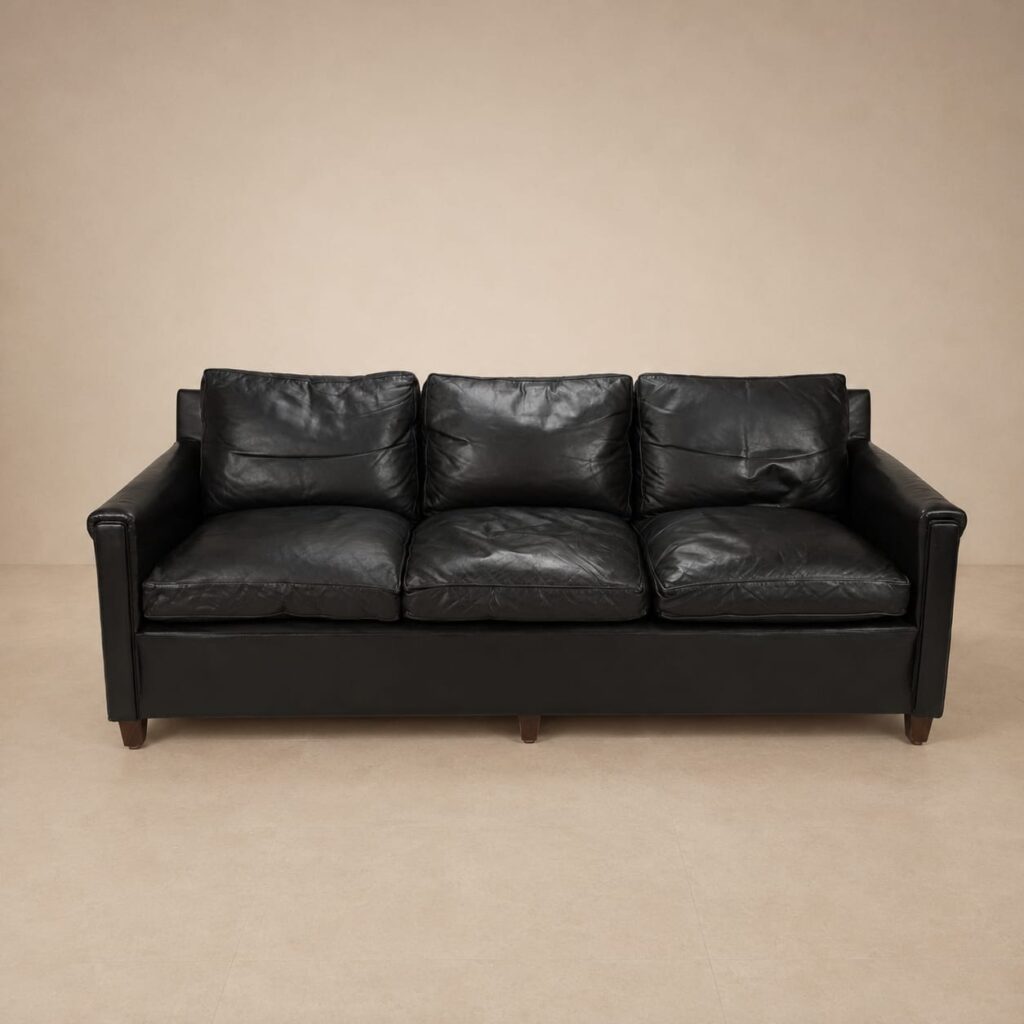 Mid Century Black Leather Scandinavian 3 seats Sofa, 1950s