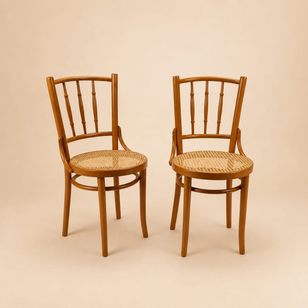Set of 2 Romanian Cane and Birch Bentwood Chairs, 1960s