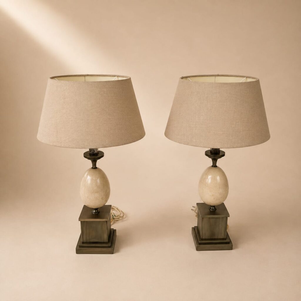 Set of 2 French Marble Egg and Steel lamps, 1970s